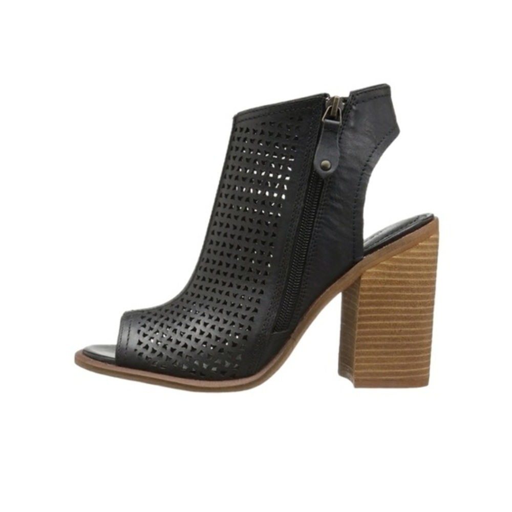 Kelsi Dagger Boho Black Leather Open Toe Perforated Ankle Bootie